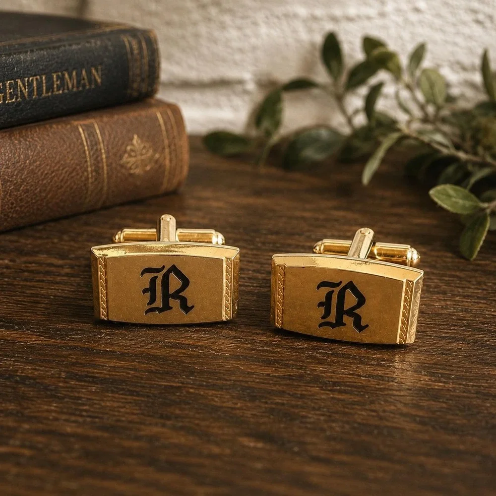 Vintage Hickok Cufflinks - Gold Tone Monogram R - Old English Initial - 1970s